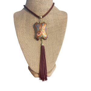 Vtg 60s Cloisonné Guilloché Enamel Butterfly Flowers Oriental Pendant Tassel Cor